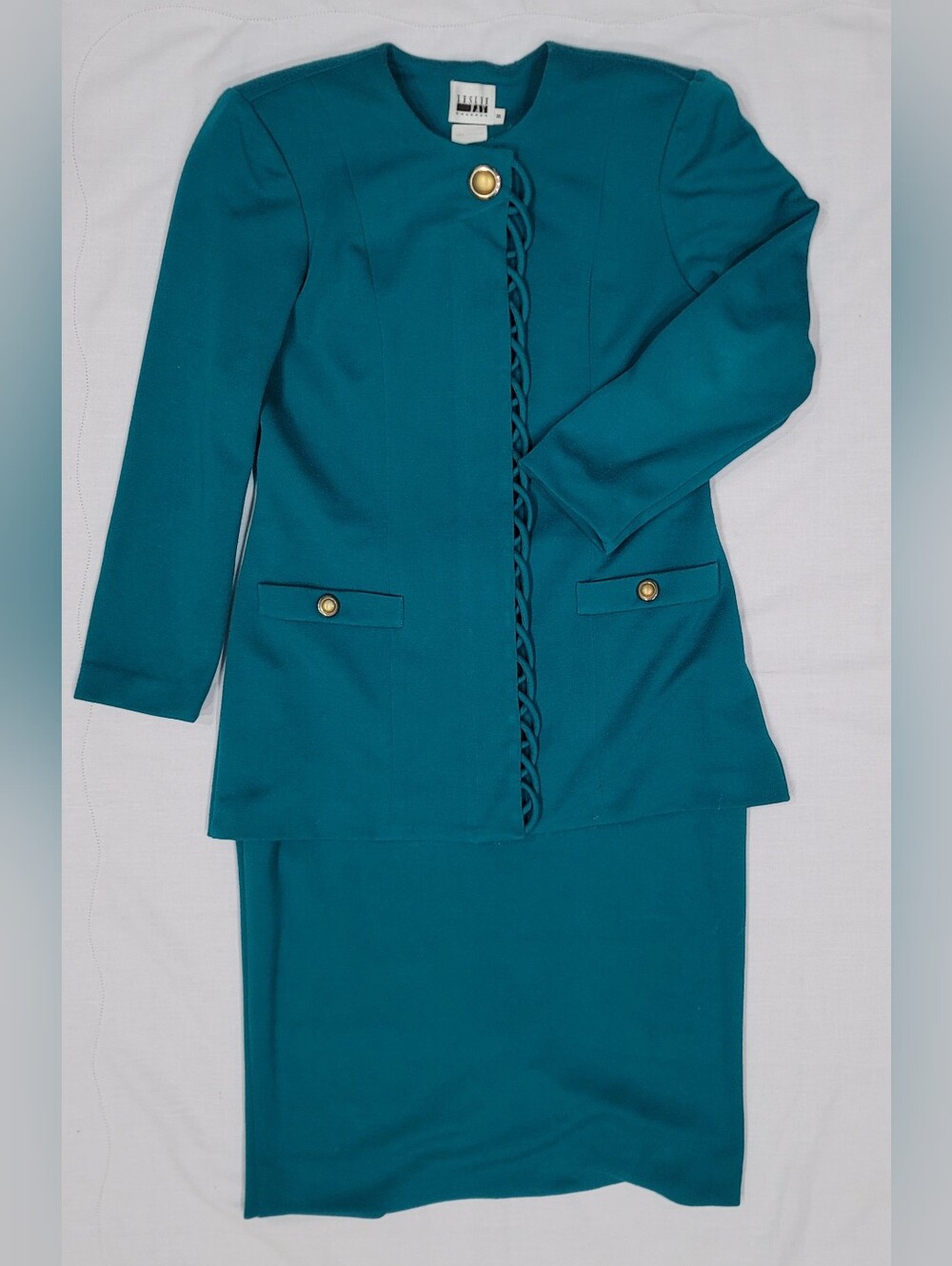 Leslie Fay Teal Women's Blazer and Skirt Set with Gold Buttons